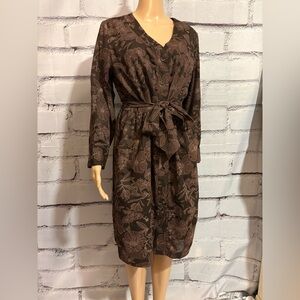 Coldwater Creek Brown Floral Print Dress With Sheath Slip and Tie Waist Size 10